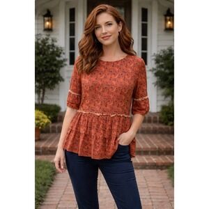 Matilda Jane Boho Orange Floral Tiered Peplum Blouse Women's Large Cottagecore